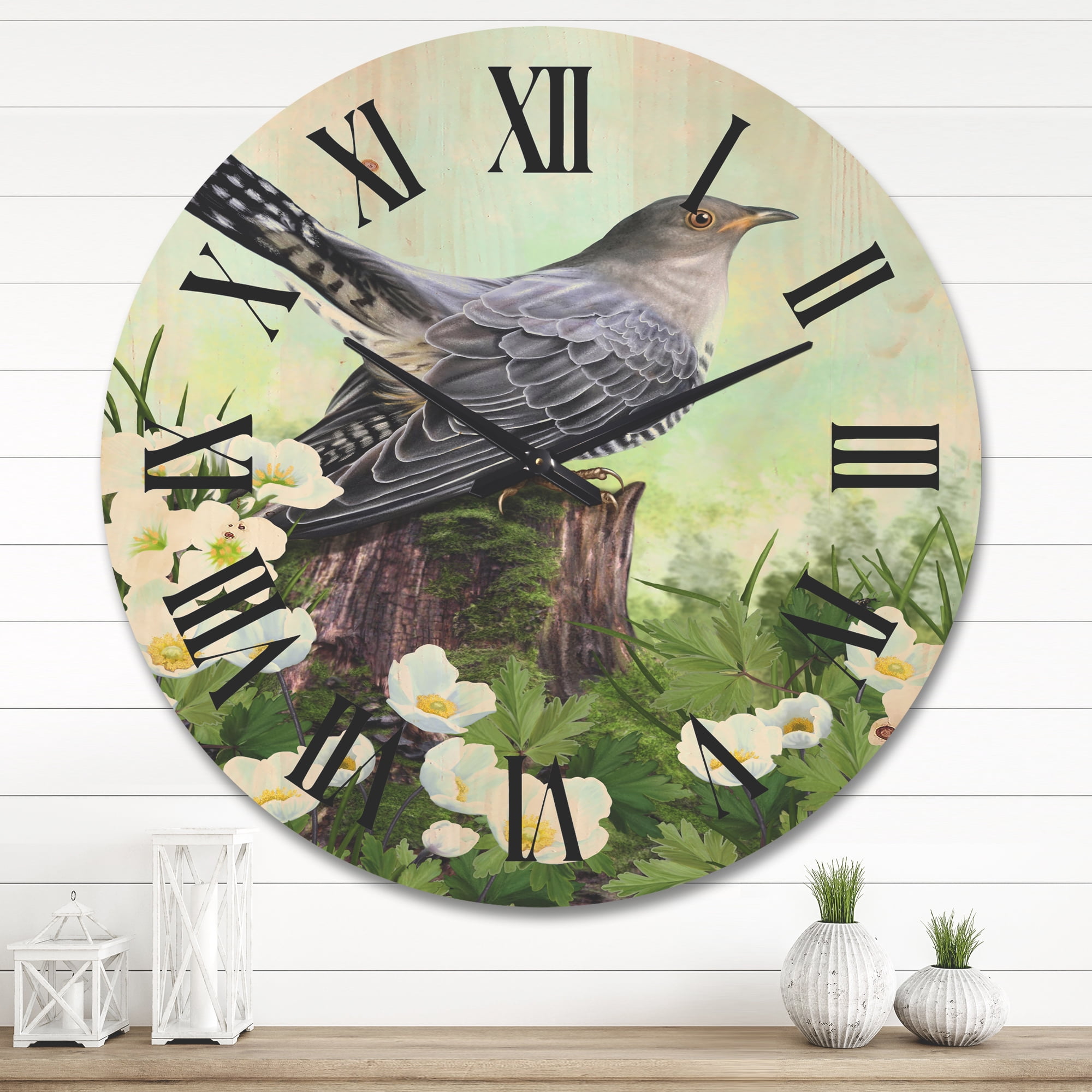 Designart 'Cuckoo Bird On An Old Stump and White Flowers' Traditional Wood Wall Clock