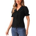 thumbnail image 4 of INSPIRAR CHIC Blusa de Manga Corta con Solapa y Cuello en V Plisada Negra XL, 4 of 6
