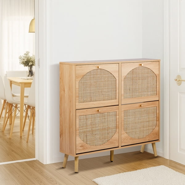 AsterOutdoor 2-tier Flip-Down Shoe Cabinet Natural Rattan Arched Front 8 Compartments MDF with Melamine, High Legs for Entryway