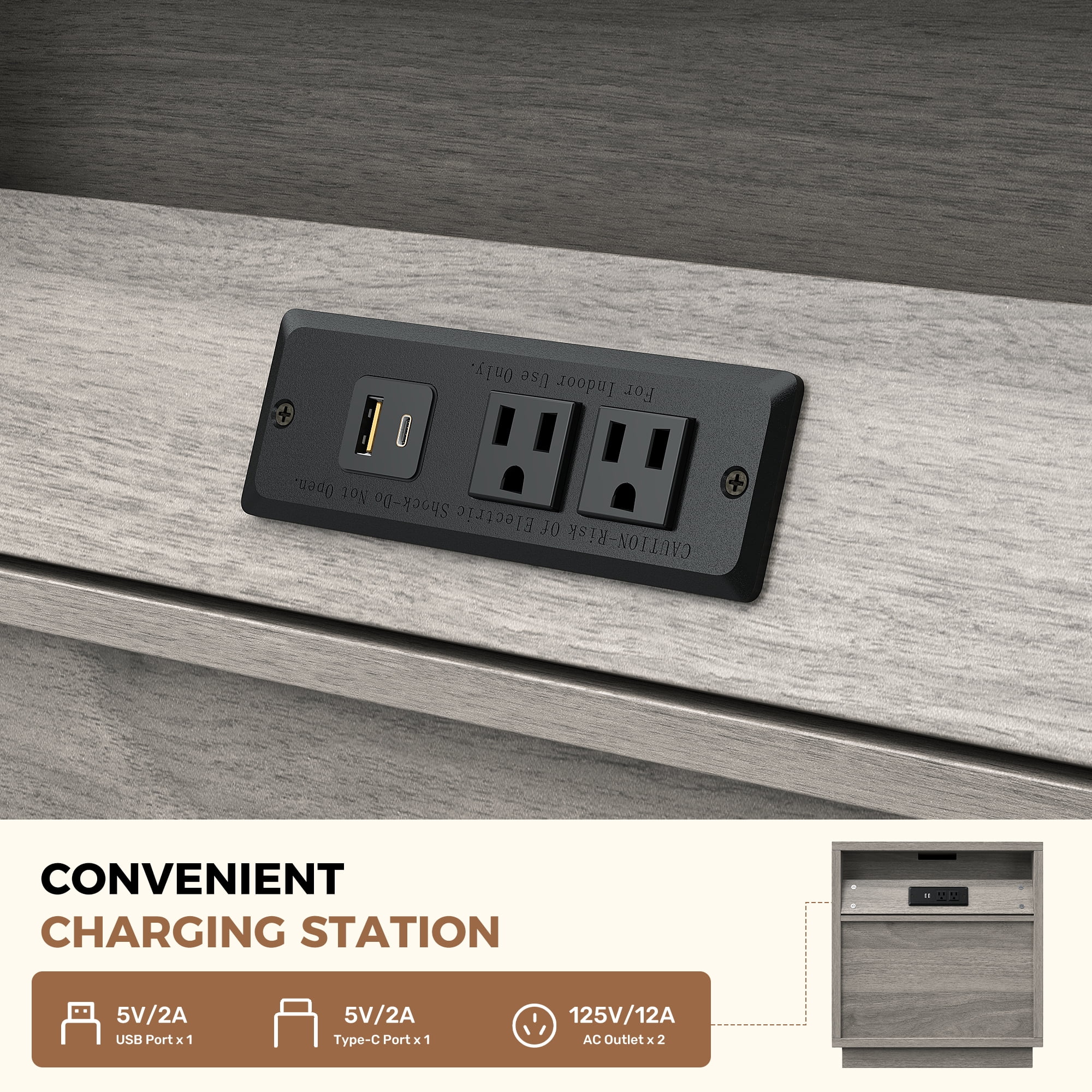 MOONMISS Wooden Nightstand Set of 3,with Drawer,USB Charging and LED Light,Grey