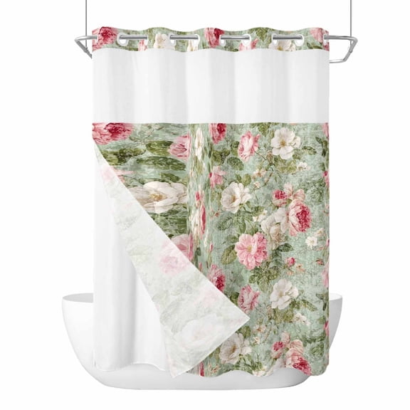 No Hook White Pink Flower Shower Curtain with Snap in Liner Set, Shabby Chic Spring Vintage Leaf Green Waterproof Fabric Bathroom Curtains with See Through Top Window, Hotel Style Long 72 x 84 Inch