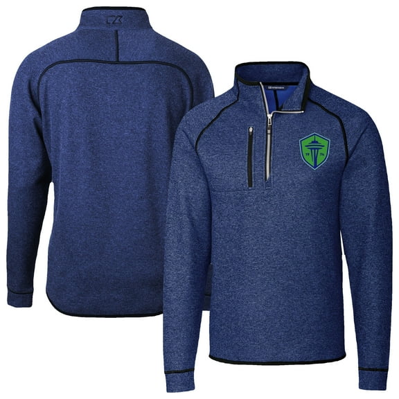 Men's-Cutter & Buck  Heather Blue Seattle Sounders FC Mainsail Sweater-Knit Half-Zip Raglan Jacket