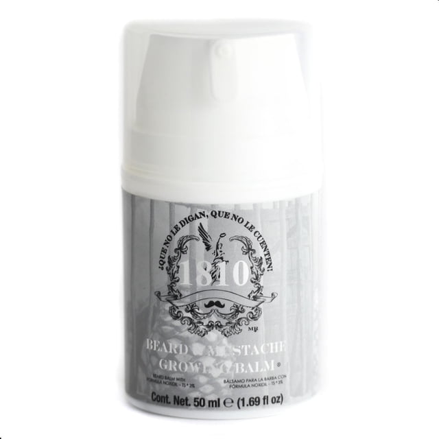 balsamo estimulante crecimiento barba bigote extra fuerte noxidil 50 ml dispensador blanco, vista frontal centrada de envase cilíndrico con tapa dosificadora y etiqueta gris con logo 1810 y texto 'Beard & Moustache Grow Balm', indica Cont. Net. 50 ml (1.69 fl oz); envase sobre fondo blanco, usado para estimular y fortalecer el vello facial.