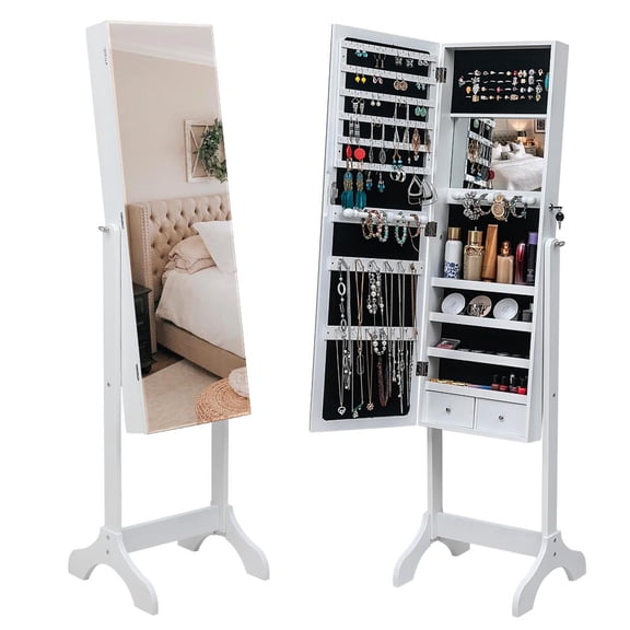 Ktaxon Jewelry Armoire Cabinet, Mirrored Freestanding Cosmetic Storage with 4 Adjustable Angle, White