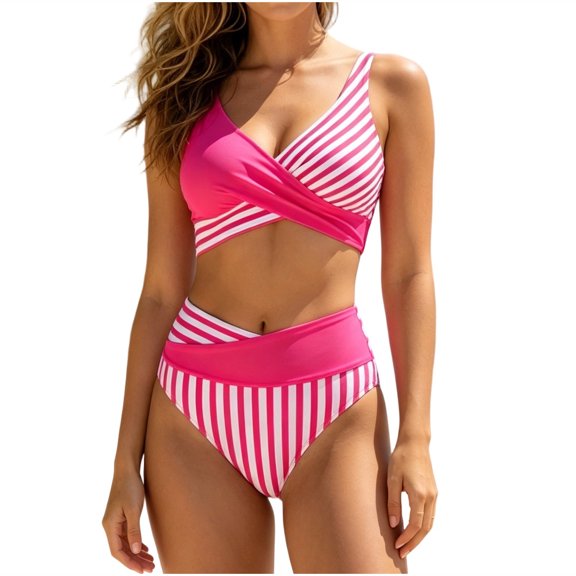Shrysg Women's 2 Piece Swimsuits Casual Striped High Cut Wrap Front Bikini High Waisted Bottom Tummy Control Bathing Suits Summer Beach Swimwear Red