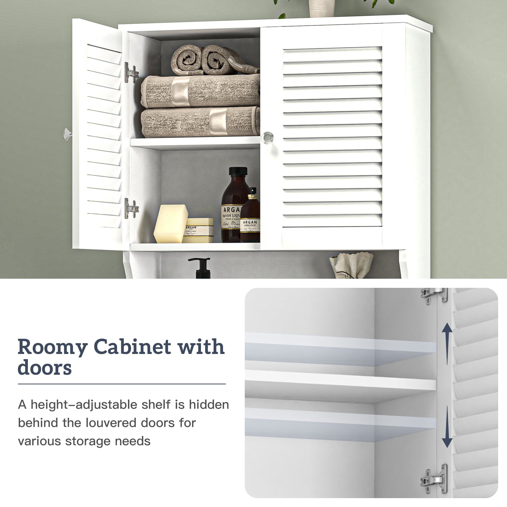 Kadyn Bathroom Space Saver Cabinet, Over The Toilet Storage Cabinet with Double Doors and 1 Adjustable Shelf, W Bathroom Space Saver for Home, White