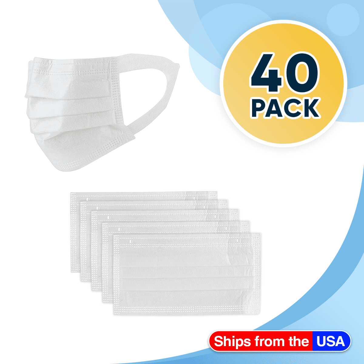 40 Disposable Face Masks White, 3ply Breathable Dust Protection Masks, Soft Ear Loop Filter