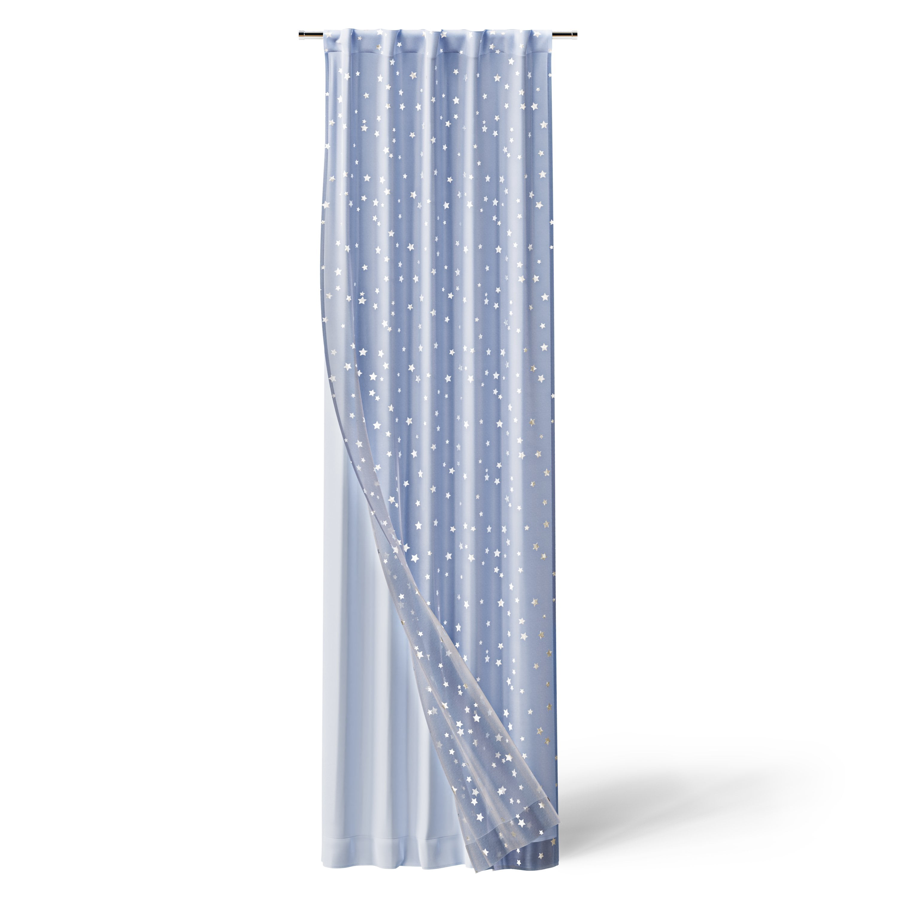 Mainstays Kids Spring Periwinkle and Metallic Silver Stars Sheer Overlay Blackout Rod Pocket with Back Tabs Single Curtain Panel, 38" W x 95" L
