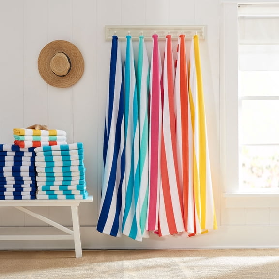 6 Pack Cabana Stripe Beach Towels, 100% Cotton, Assorted Colors, 28 in x 60 in