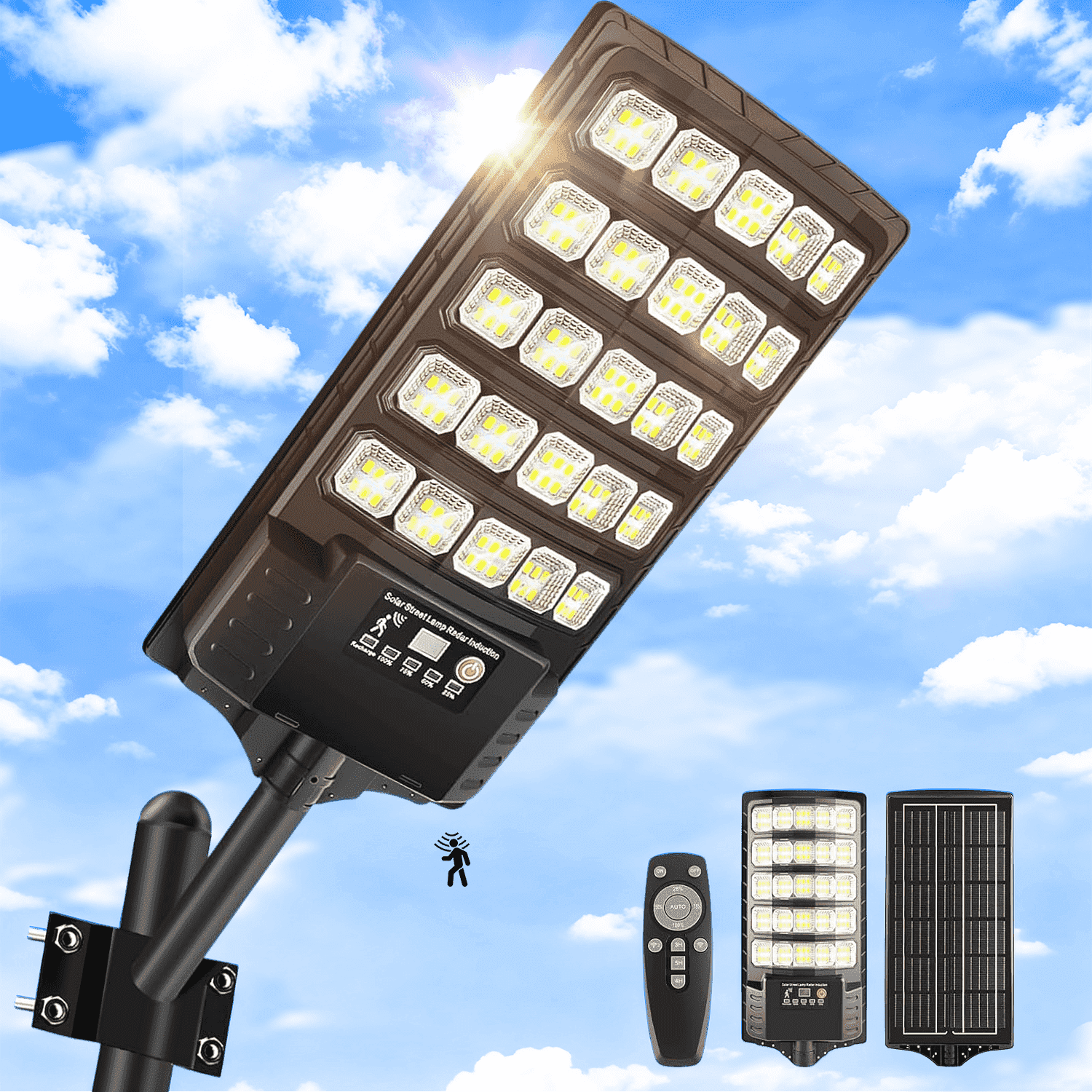 IJIL Solar Street Lights Outdoor - 6000K Waterproof Motion Sensor LED Solar Parking Lot Lights with Remote for Yard Outside