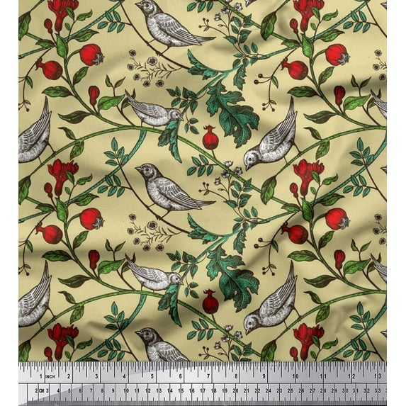Soimoi Japan Crepe Satin Fabric Bird & Leaf Bird Decor Fabric Printed Yard 42 Inch Wide