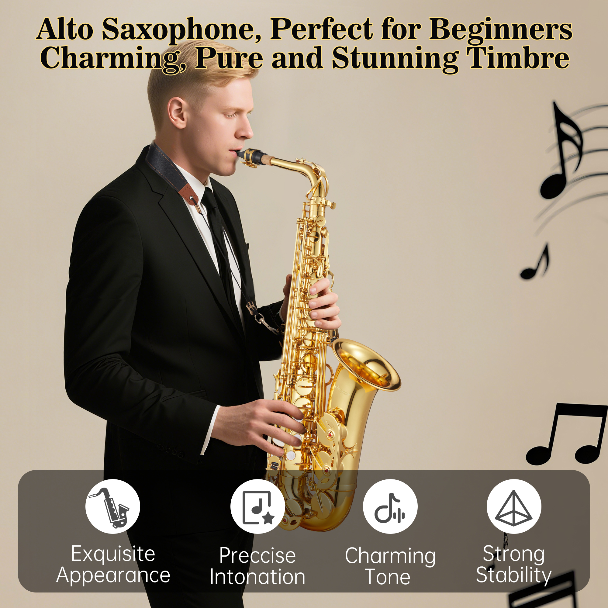 Alto Saxophone E Flat for Beginner Sax Full Kit with Mouthpiece, Straps, Reeds, Stand, Golden Lacquer