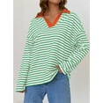 thumbnail image 5 of Rdhnmea Women Long Sleeve T-Shirts Stripe Turn-Down Collar V-Neck Shirts, 5 of 7