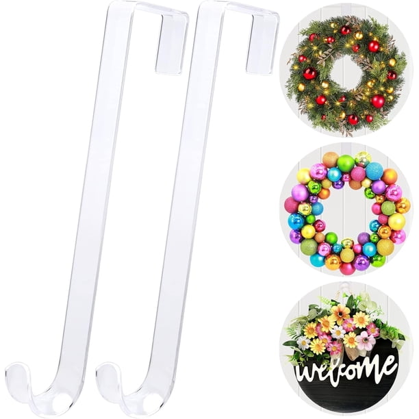 Paquete de 2 colgadores transparentes de corona de 30 cm o 38 cm para puerta de entrada. Ganchos de metal para colgar sobre la puerta, ideales para Halloween, Navidad, Pascua, organizadores delgados