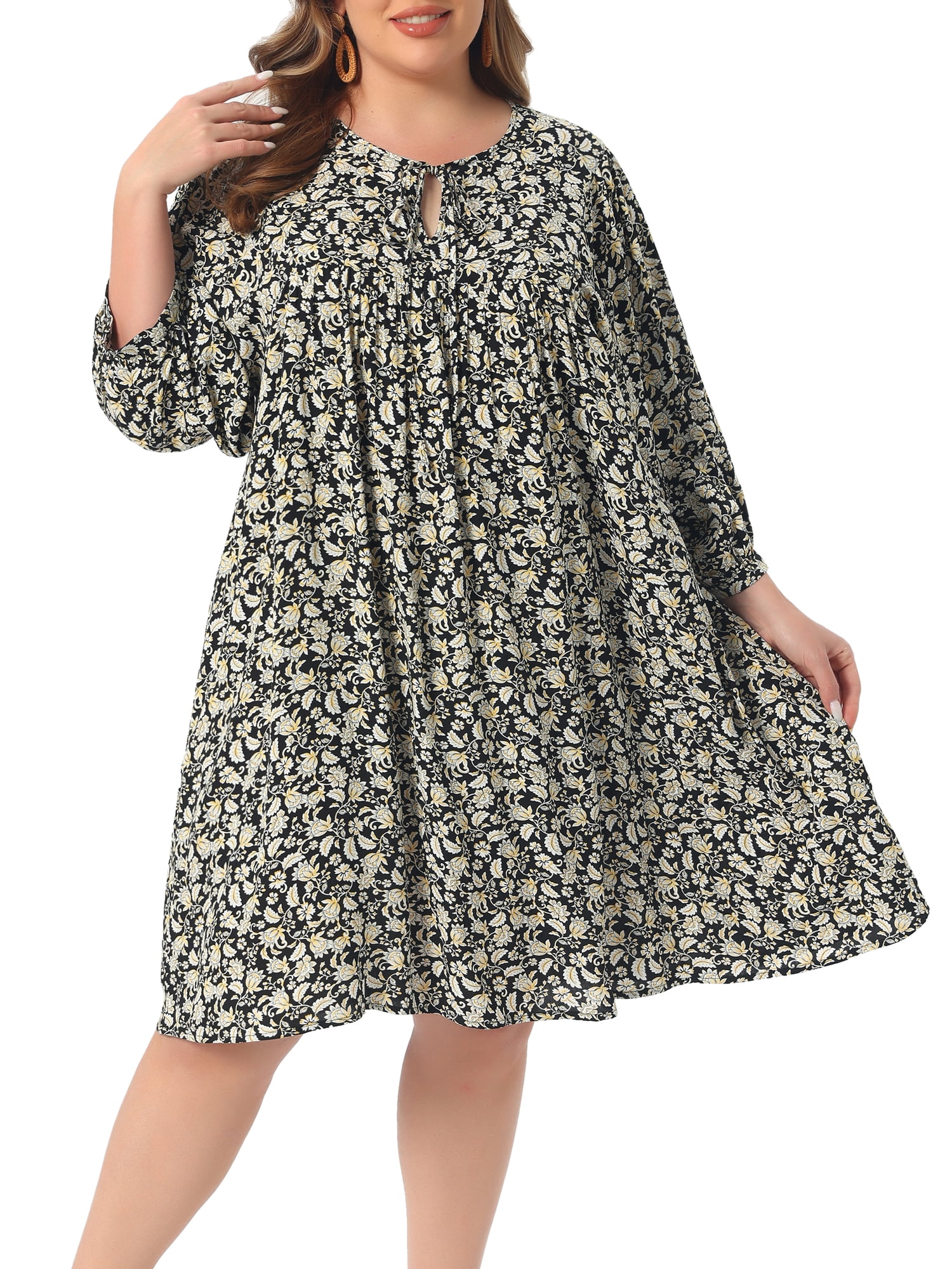 DARING DIVA Women's Plus Size Drawstring V Neck Babydoll Midi Flowy Dress 4X Black