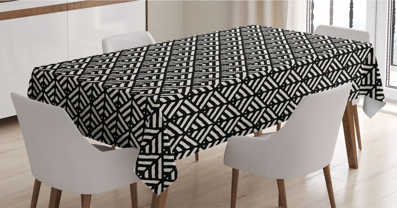 Black and White Tablecloth, Abstract Hand-drawn Lines Retro Style with ...