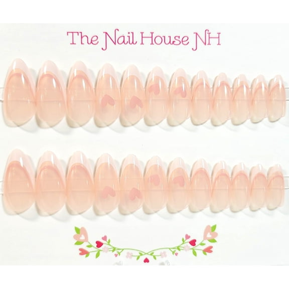 Clearly In Love French Manicure Glossy Almond Press On Nails - 24 Pieces - Artificial Nails - Valentine's Nails