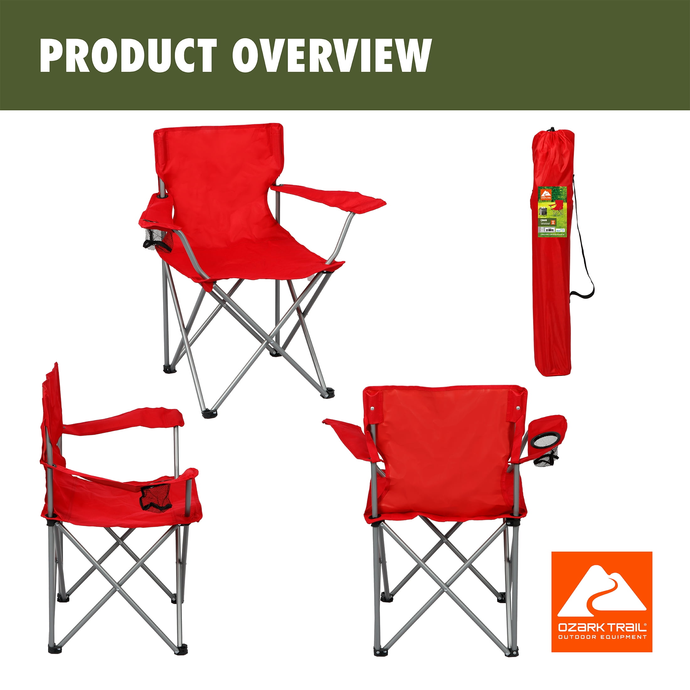 Ozark Trail Quad Folding Camp Chair with Cup Holder, Bright Red