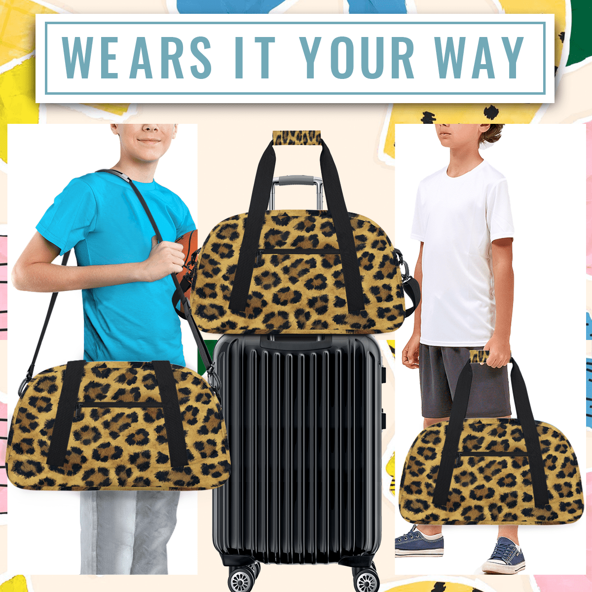 Herdesigns Leopard Sports Duffle Bag for Women & Men, Cheetah Print Gym Bag Dance Bag Overnight Bag Carry On Weekender Travel Bag