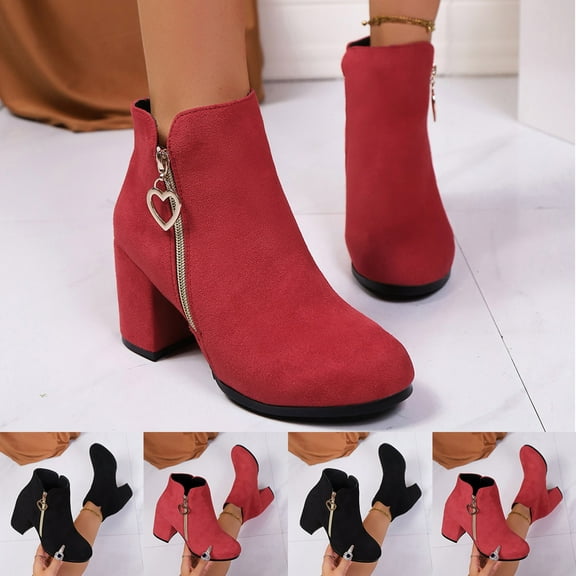 Women Boots Chunky Heel Round Toe Side Zipper Ankle Boots Women Trendy Casual Outdoor Dressy Winter Warm Shoes Thick Heel Short Booties Black 9