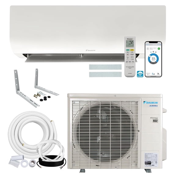 Daikin 18,000 BTU 21 SEER2 Aurora Low Ambient Ductless Mini Split Air Conditioner Heat Pump with Maxwell 15 ft. Installation Kit and Bracket - Wi-Fi Enabled R32