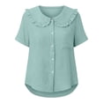 thumbnail image 5 of Craaazy Women Casual Tops Loose Fit Solid Color Ruffle Collar Button Front Short Sleeve Cotton Tops for Vacation Gift, 5 of 6