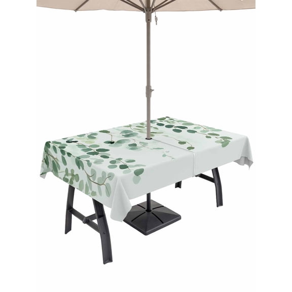 Outdoor Tablecloth with Umbrella Hole for Patio/Picnic/Party/Camping, Sage Green Eucalyptus Leaf Waterproof Table Cloth Rectangle Table Cover Washable, Spring Leaves Botanical (60"x 120")