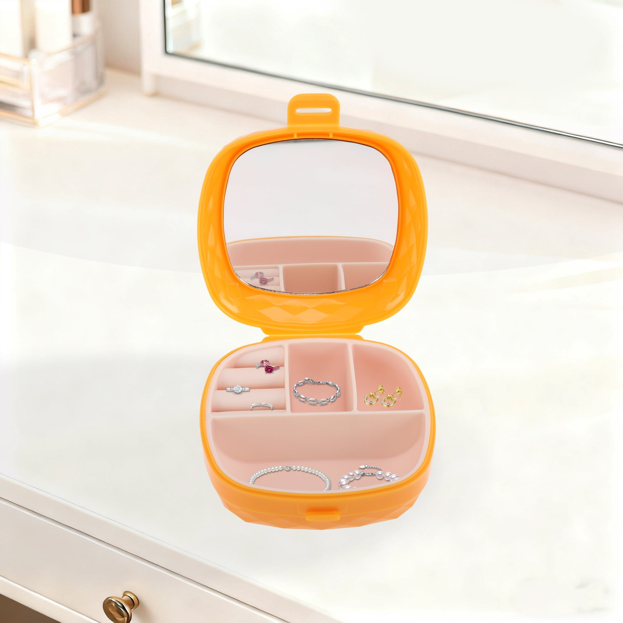 Unique Bargains Multi-Function Stylish Jewelry Box Organizer With Mirror Orange