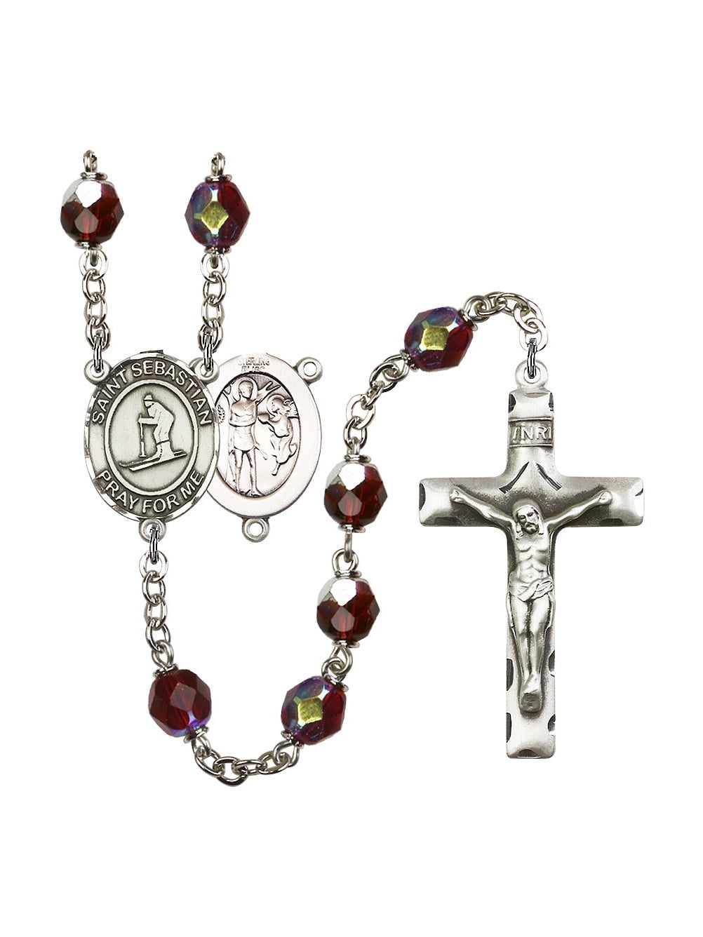 St. Sebastian Skiing Silver-Plated Rosary 7mm January Red Lock Link Aurora Borealis Beads Crucifix Size 1 3 4 x 1 medal... by