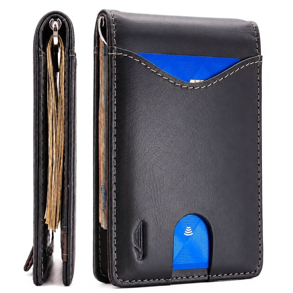 POCKT Men's Slim Bifold Wallet with Money Clip – Genuine Leather, RFID Blocking, Front Pocket Card Holder, Black