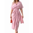 thumbnail image 3 of Women'S Summer Button Down Ruched Shirt Dresses Short Sleeve Lapel V Neck Party High Waisted Maxi Dress Pink S, 3 of 9