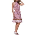 thumbnail image 4 of Vestido Floral Boho Inspire Chic para Mujer, Vestido de Verano de Playa con Cinturón, Cuello Halter, Sin Mangas, L Blanco Rosa, 4 of 6