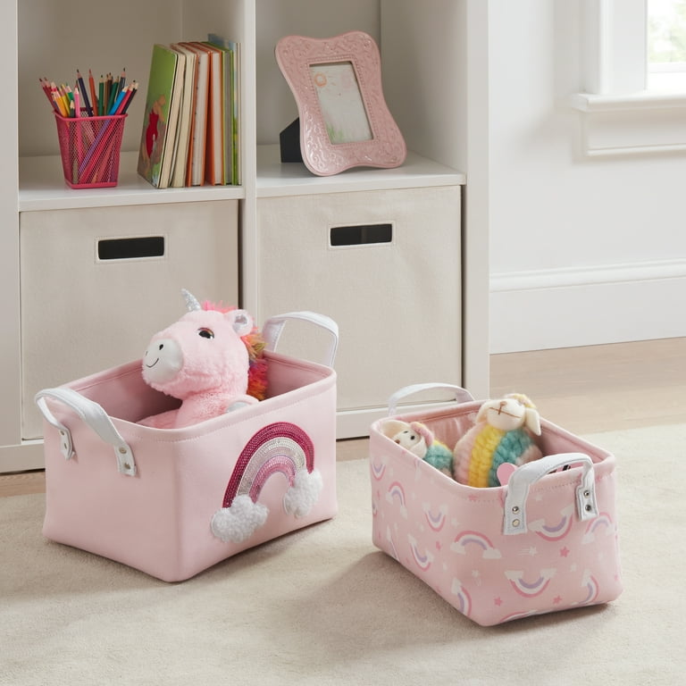 Your Zone Medium and Small Kids Pink Canvas Rainbow Tote Bins Set