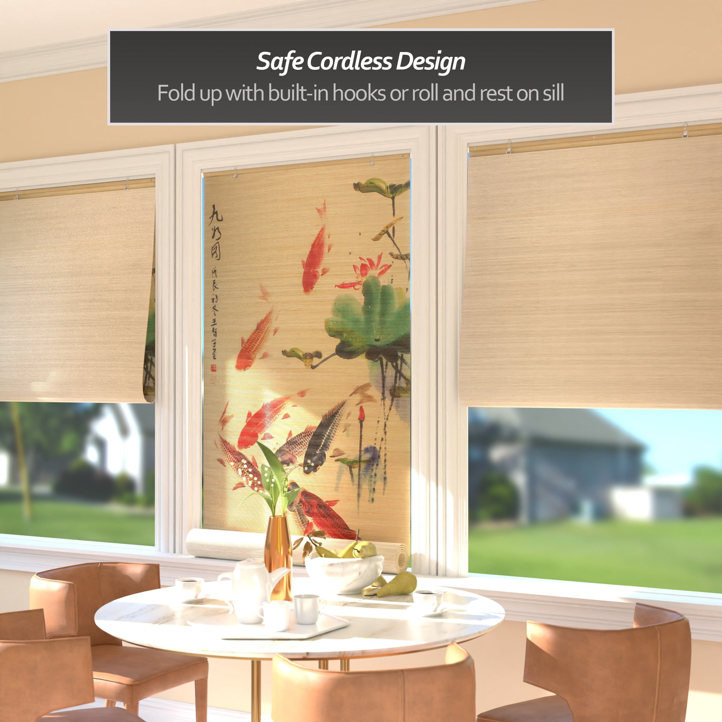 Red Lantern Bamboo Window Shade Blind - Koi Pond 36" W
