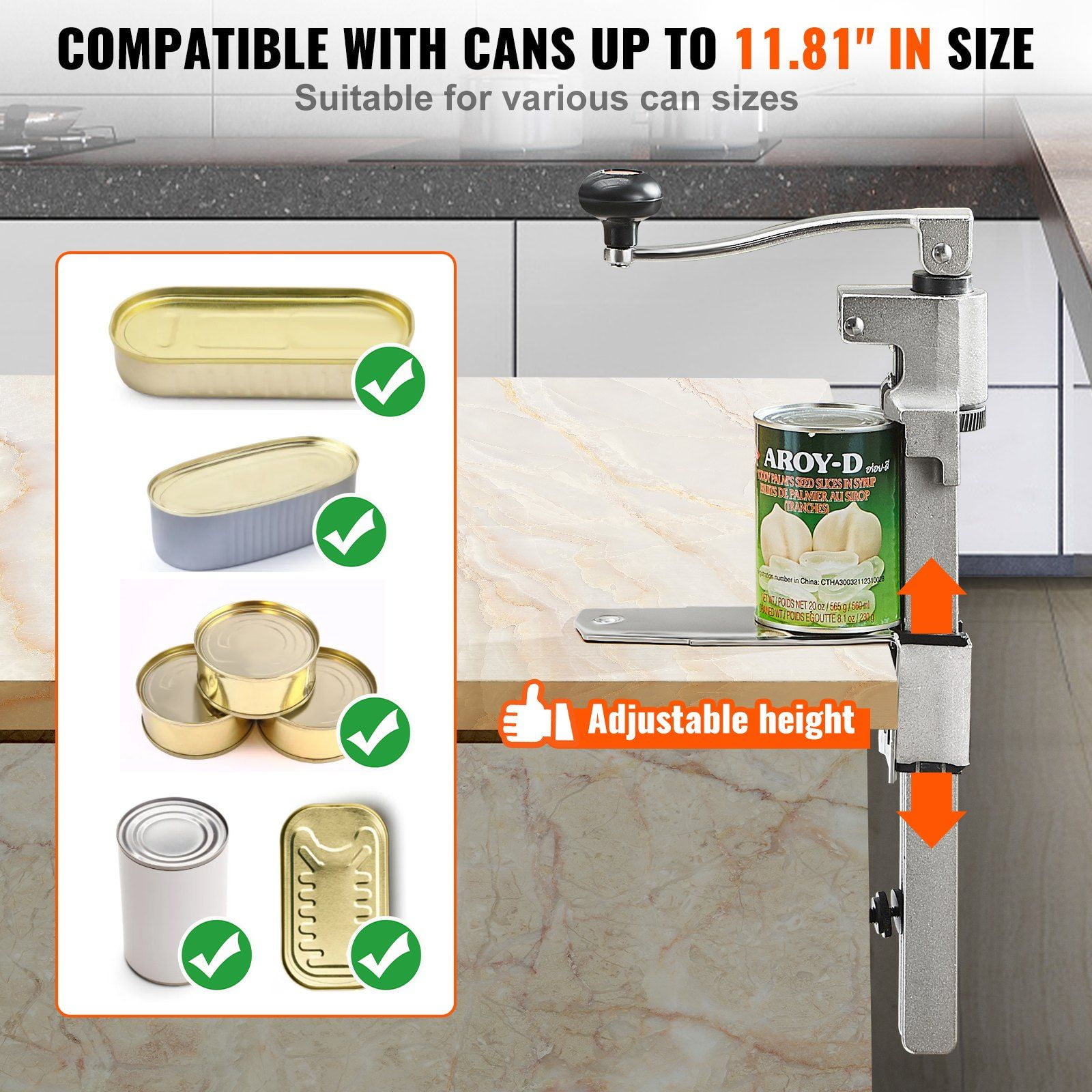 Heavy Duty Commercial Manual Can Opener with Adjustable Base - Industrial Jar & Can Opener for Large Cans Up to 11.8 Inches - Ideal for Restaurant, Hotel, Bar, Home Use
