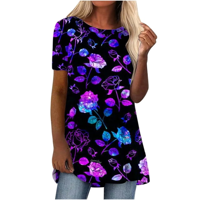 hoksml Vêtements d'Automne pour Femmes 2022 Mode Grande Taille Femme Décontractée Col Rond Imprimé Blouse Manches Courtes T-Shirt Tunique d'Été Hauts Liquidation