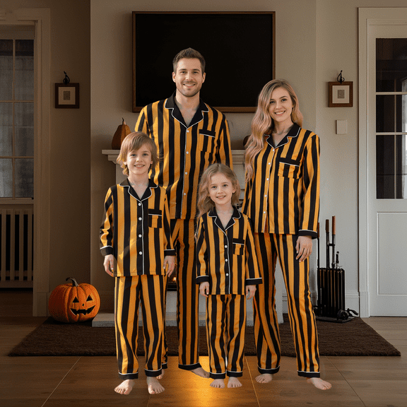 Family Matching Halloween Pajama Sets Striped Long Sleeve Tops and Pants Fall Sleepwear Outfit