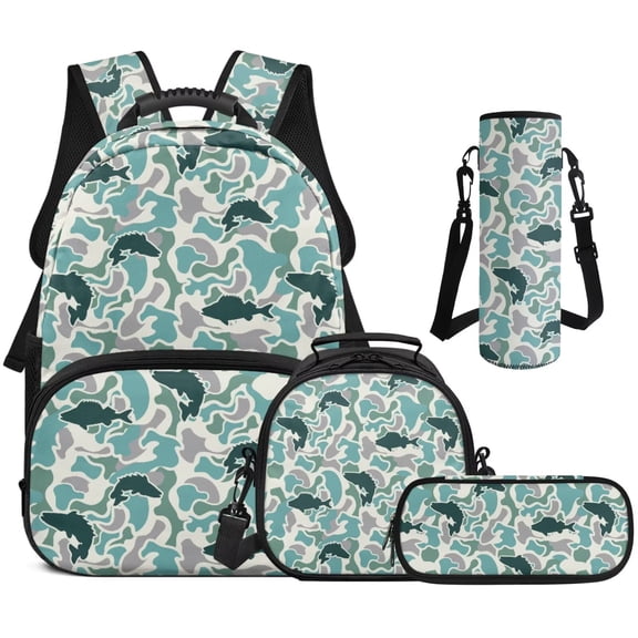 Pzuqiu Camo Bass Fish School Backpack Set for Kids with Lunch Bag 17 Inch Book Bags for Girls 10-12 Years Old, Schoolbag for Boys Pencil Bag Water Bottle Bag School Bookbag Sets