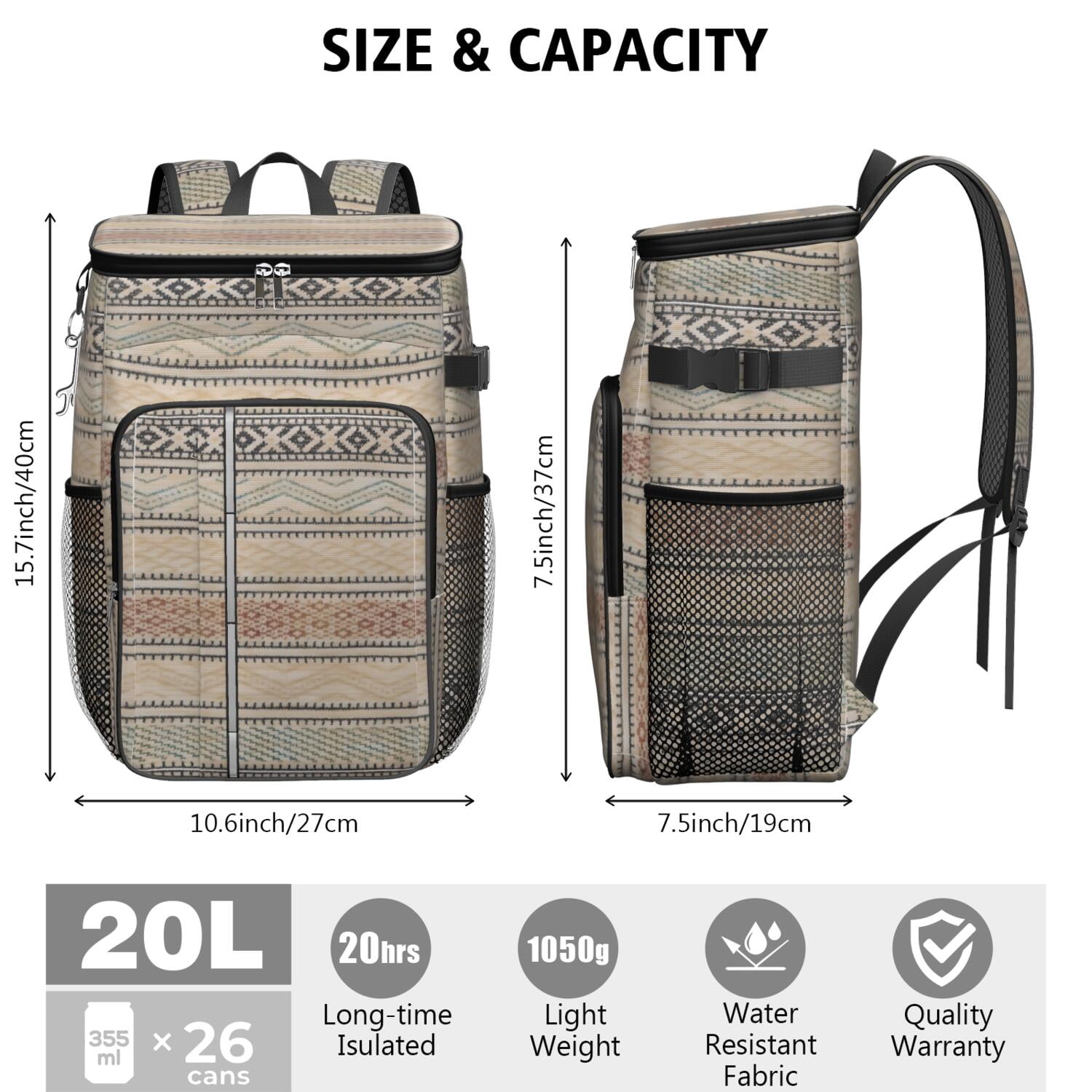Travel Cooler Bag - Boho Bohemia Pioneer Flower Geometric Line Art Camping Beer Cooler Backpack with Bottle Opener- Waterproof Insulated Picnic Backpacks - Cooler Bag for Beach