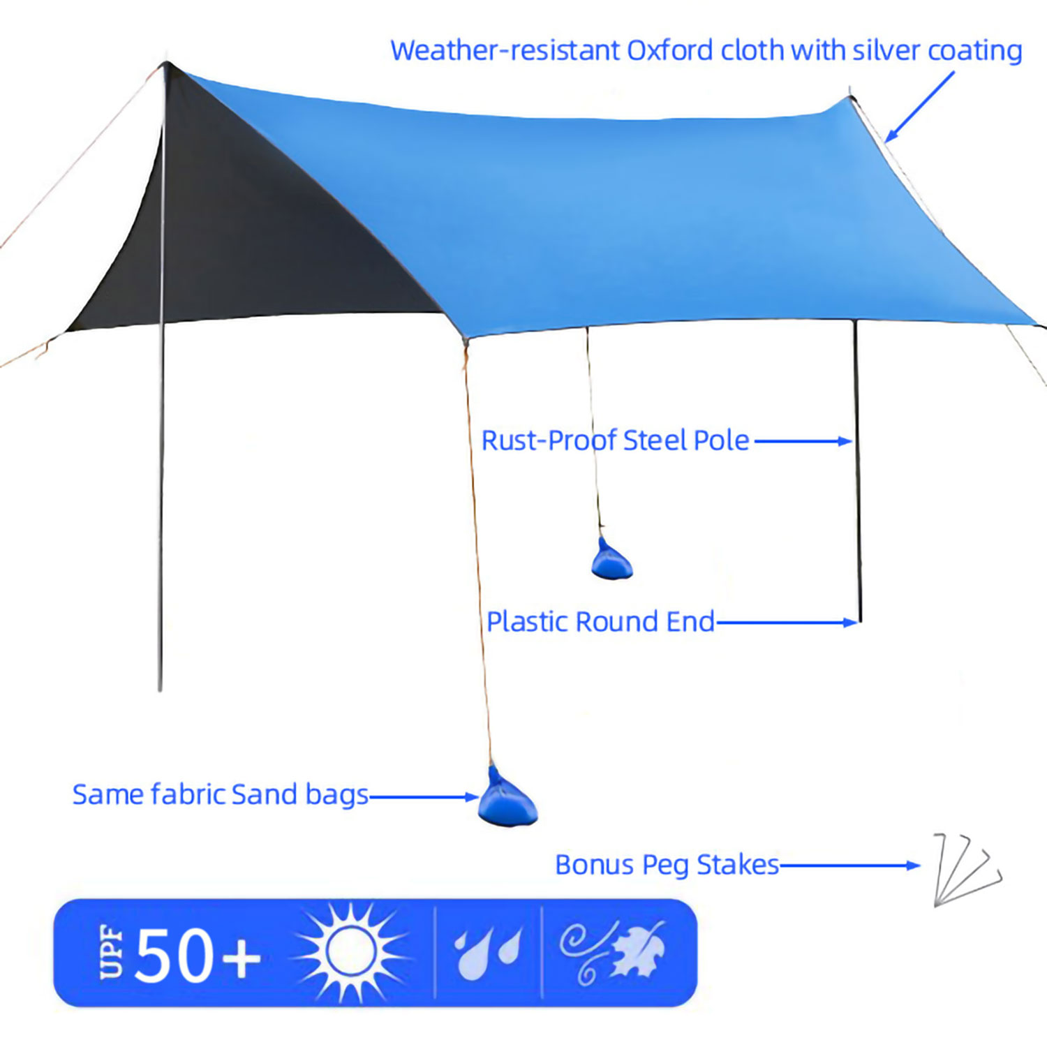 SUGIFT Family Portable Sun Shelter Beach Tent Canopy 10' x 10' UPF50+ Blue - image 3 of 8