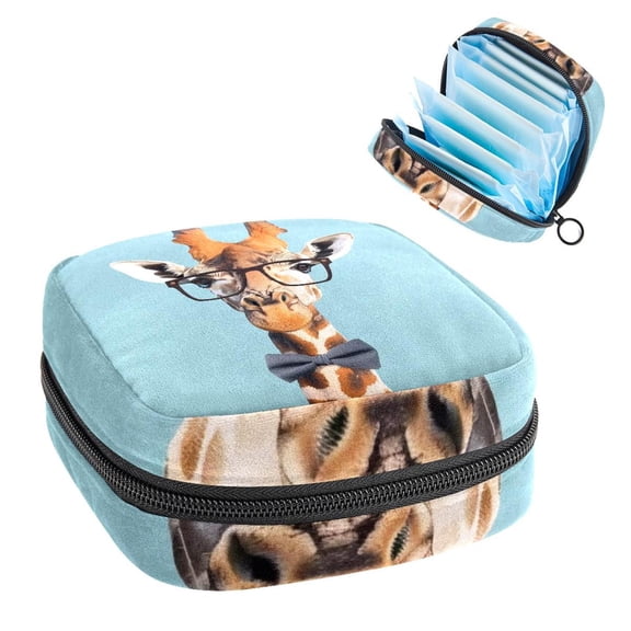 Sanitary Napkin Storage Bag for Girls Women, Portable First Period Pads Bag Tampons Holder Girls Travel Makeup Bag, Large Capacity Giraffe Hipster Animal Neck Bowtie and Nerd Glasses
