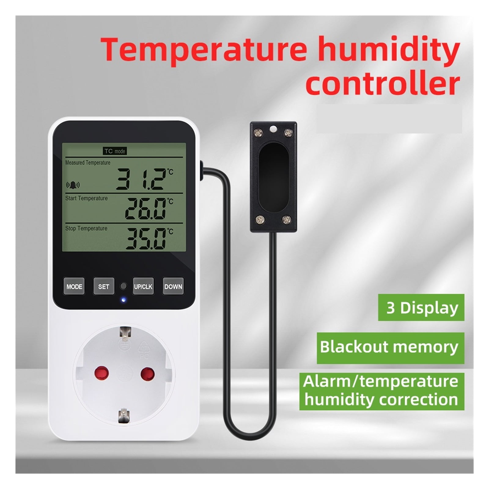 Digital Temperature Humidity Controller LCD Display Thermostat Timer Socket Heating Cooling Alarm