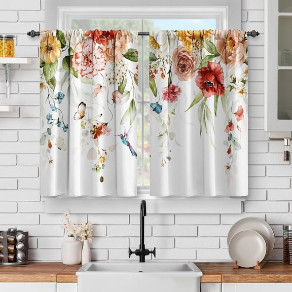 Watercolor Flower Kitchen Window Curtains: Colorful Floral Aesthetic Short Cafe Curtains Decor for Living Room Tier Curtains for Bathroom Rod Pocket Window Drapes 36 Inch Length 2 Panels Set
