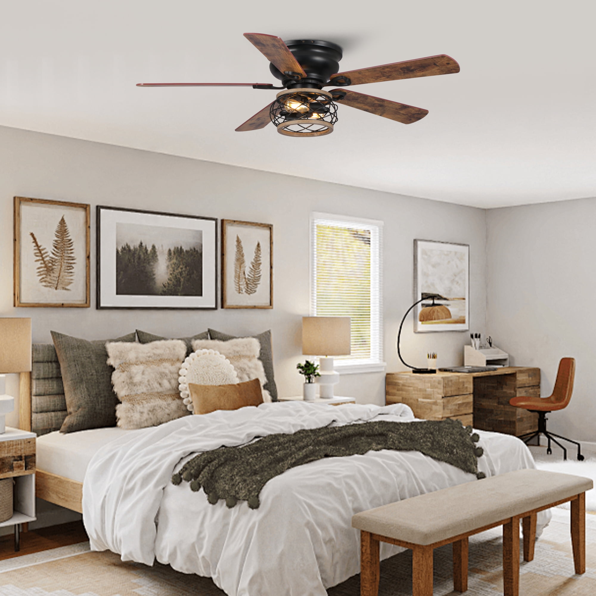 Parrot Uncle Farmhouse 48-Inch Brown Ceiling Fan with Lights and Remote,  Low Profile Ceiling Fan with Light
