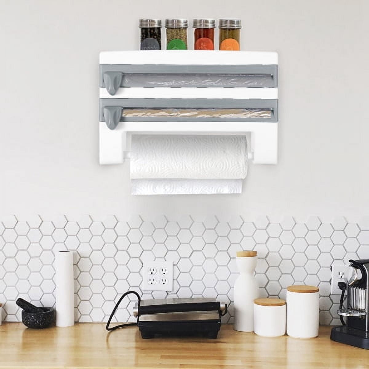 4-in-1 Wall Mount Kitchen Dispenser Rack: Spice Shelf, Paper Towel Holder, Foil/Wrap Cutter - ABS Stainless Steel, 11lb Capacity