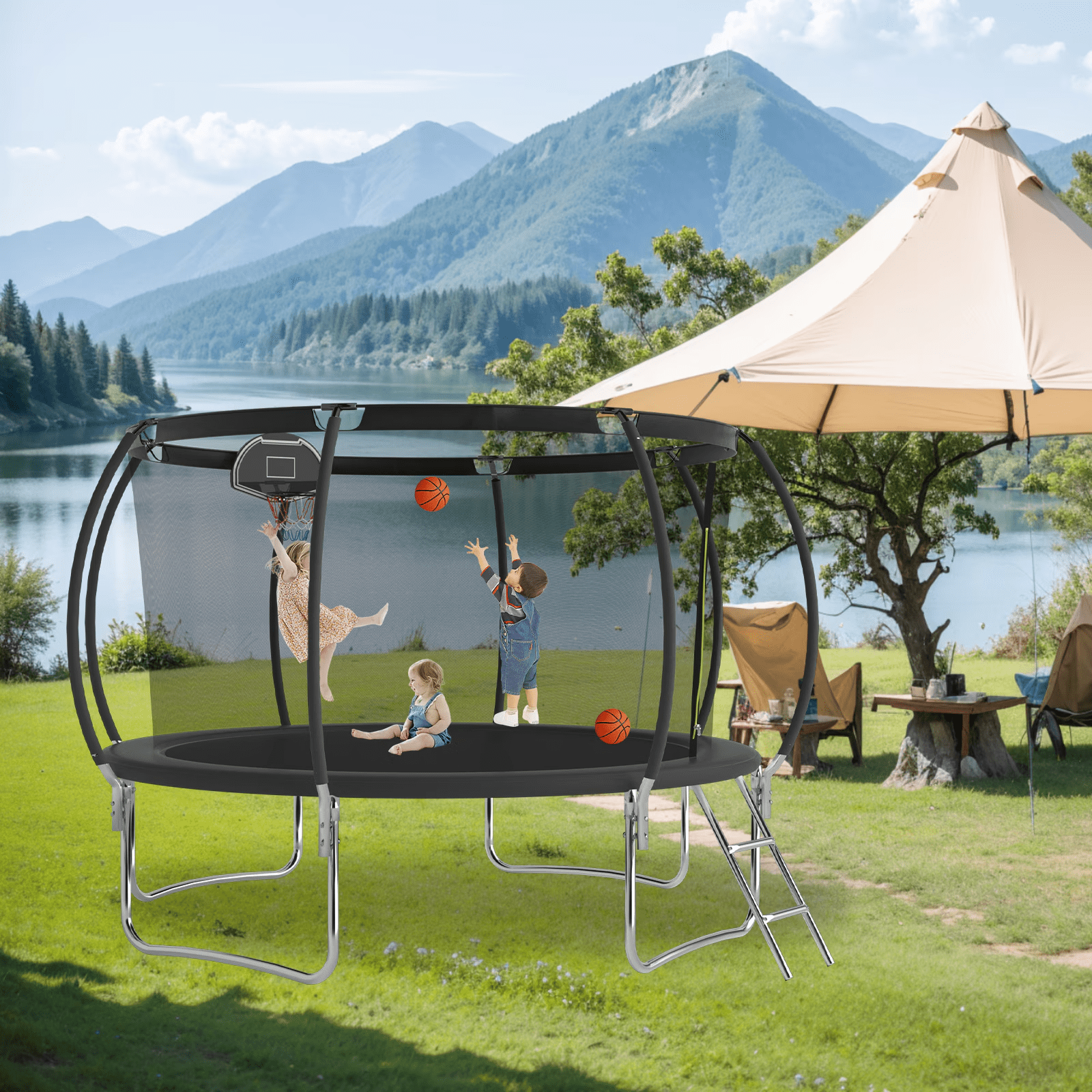 Seizeen Outdoor Kids Trampoline, 12FT Large Trampoline with Basketball Hoop & Enclosure, New Style Round Pumpkin Trampoline Anti-collision Curved Design, Black
