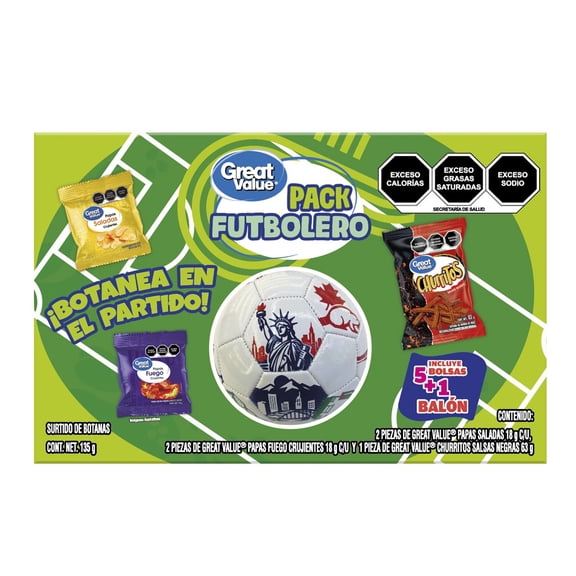 Surtido de Botanas Great Value 5 Pack Futbolero + Balón