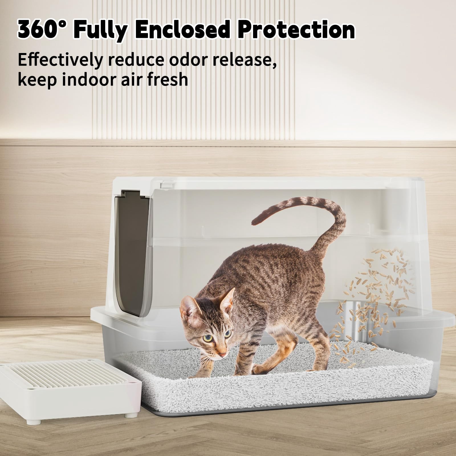 Stainless Steel Cat Box: Beige Leak-proof Large Enclosed Litter Pan Indoor Odorless Tray For Multiple Cats - Teflon Non-stick Coating Under 20 Lbs Ideal Laundry Room Balcony
