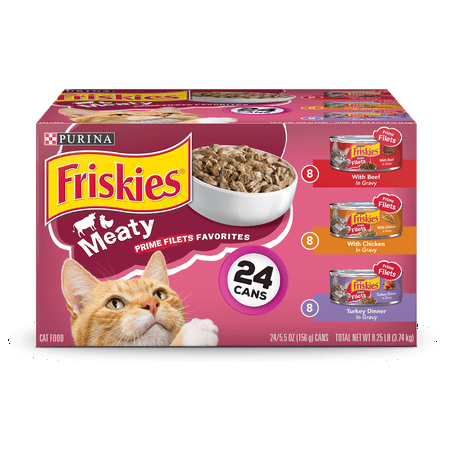 (24 Pack) Friskies Gravy Wet Cat Food Variety Pack, Prime Filets Meaty Favorites, 5.5 oz. Cans