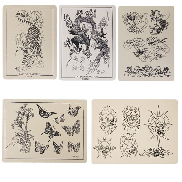 HUGFEGWE 5pcs Tattoo Practice Skin Nontoxic Soft Permanent Makeup Tools For Tattoo Learning Training Summer Stickers(Tiger, Skull, Flower, Lotus , Dragon Tattoos) UA824-10620